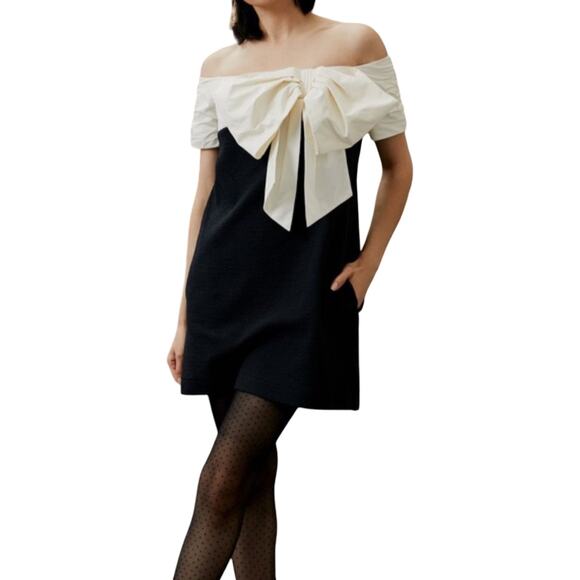 Maeve Anthropologie Bow Front Mini Dress Black White NWT Medium Petite - Picture 1 of 14